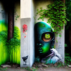 Colorful graffiti of a woman's face amidst lush greenery