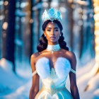 Elegant woman in white and blue gown with crystal crown in snowy forest