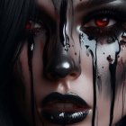 Intense woman's face with black makeup and red eyes in digital painting