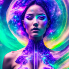 Cosmic-themed digital artwork of a woman with vibrant body paint