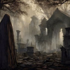 Cloaked Figure in Misty Gothic Cemetery with Tombstones