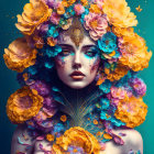 Vibrant floral body art on woman in fantasy digital art