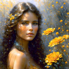 Brown Curly Hair Woman with Golden Flowers in Mystical Digital Painting