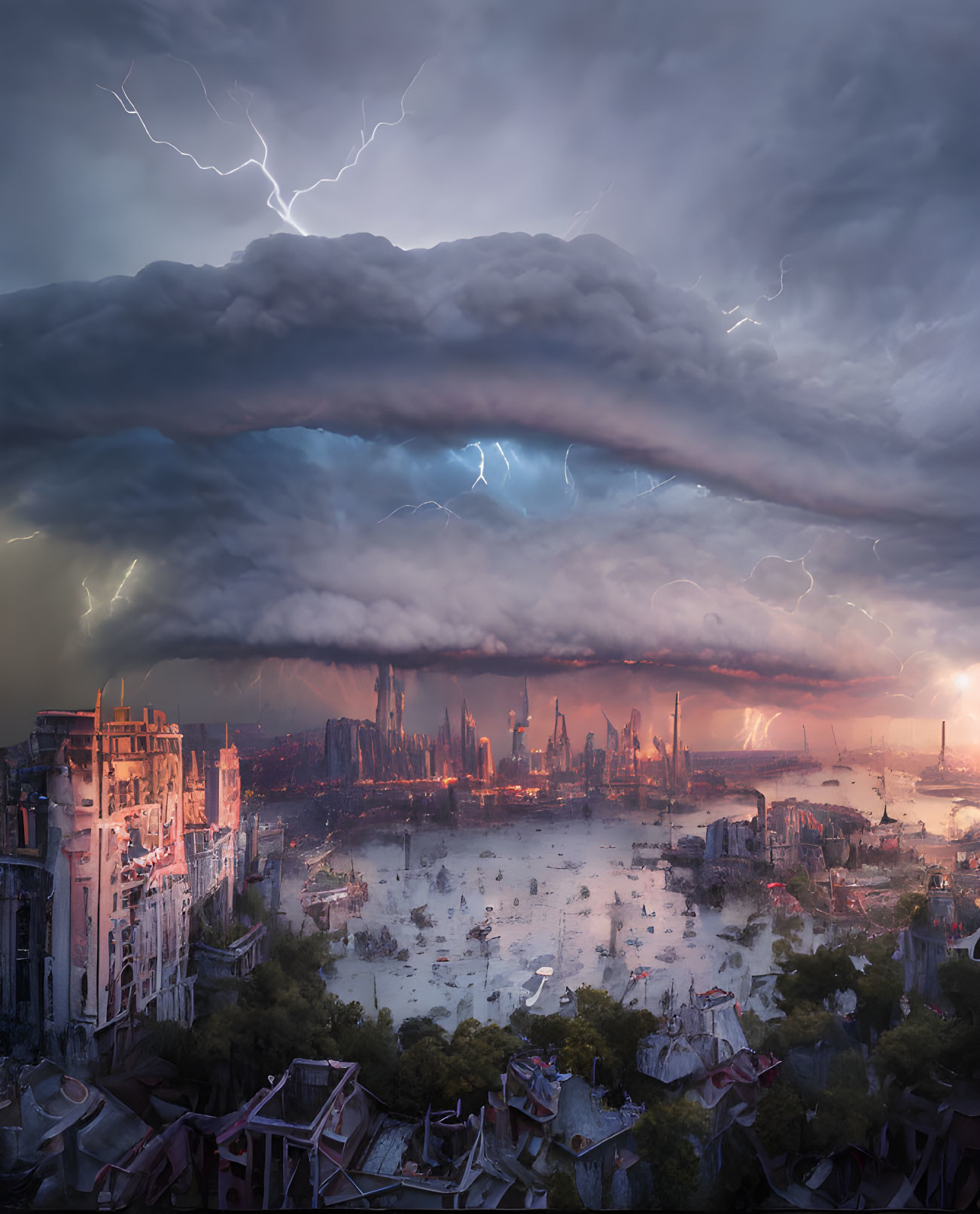 Ominous storm clouds over flooded, chaotic cityscape