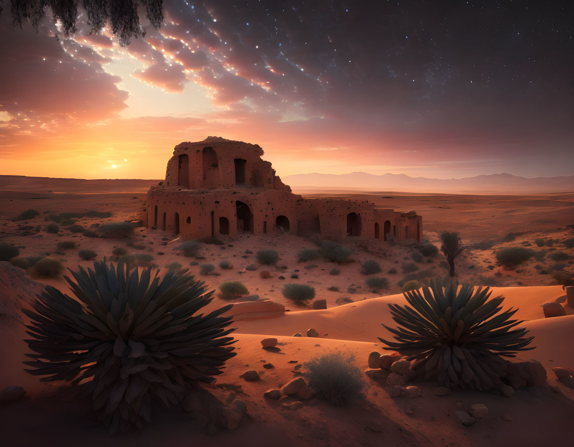 Twilight desert scene with ancient ruin, agave plants, sand dunes, and vivid sunset sky