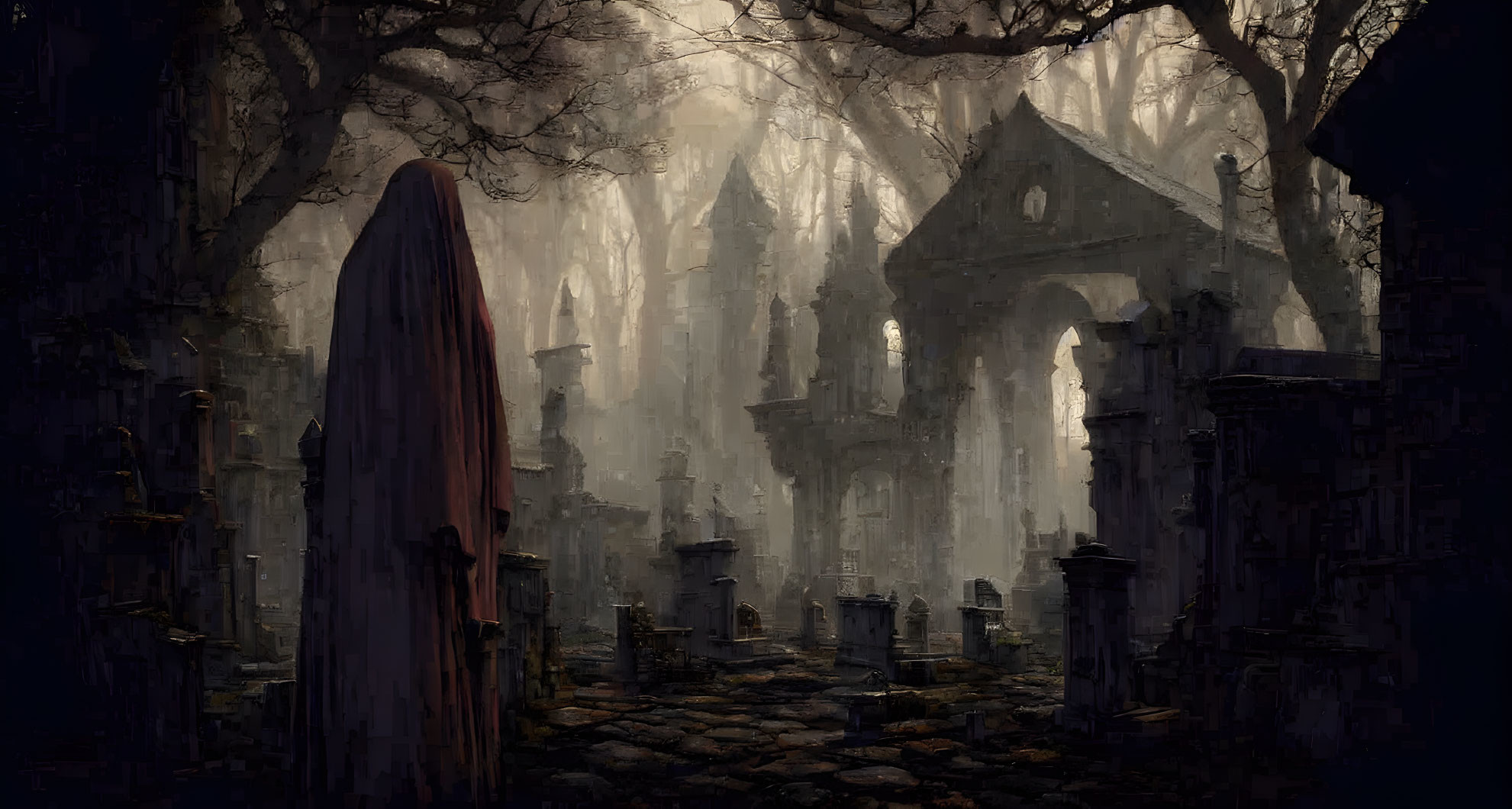 Cloaked Figure in Misty Gothic Cemetery with Tombstones