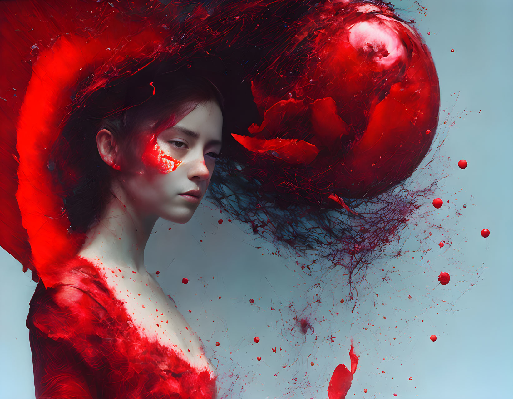 Woman with Red Splashes and Abstract Halo Portrait