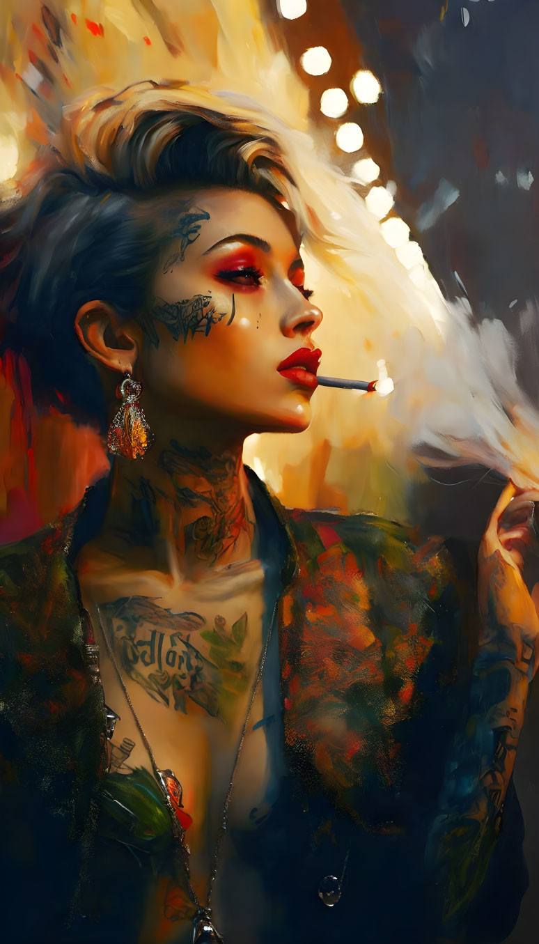 Tattooed woman exhales smoke with bold makeup and earrings