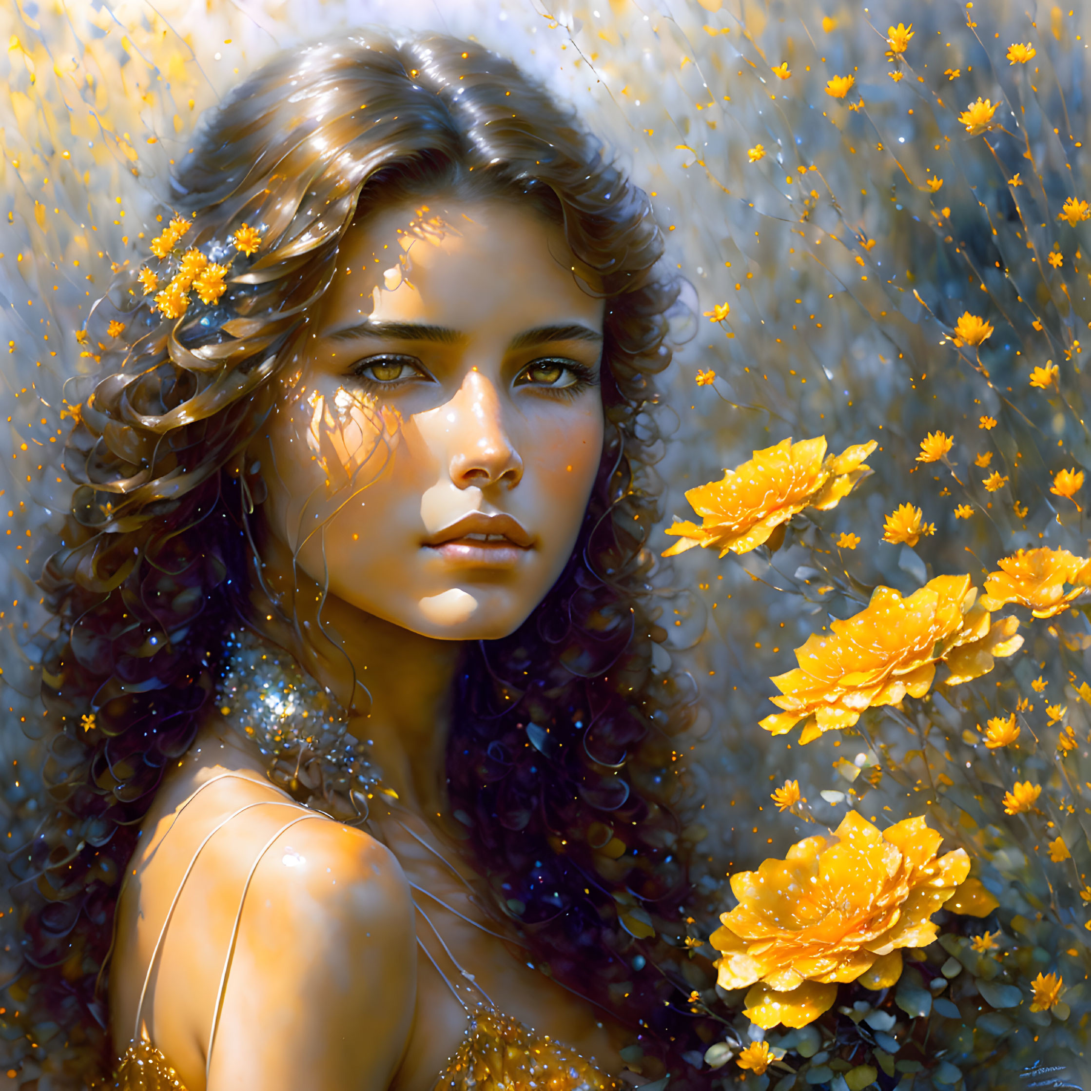 Brown Curly Hair Woman with Golden Flowers in Mystical Digital Painting