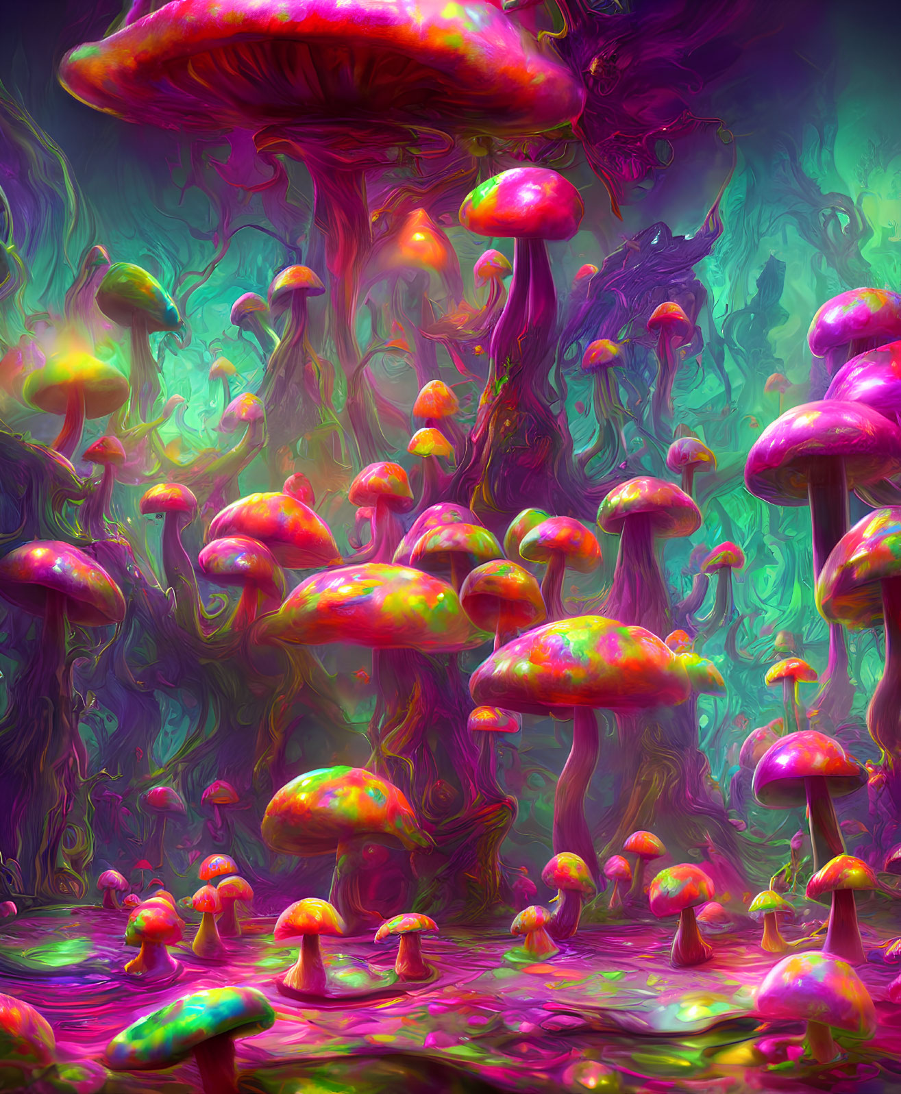 Colorful Psychedelic Forest with Oversized Mushrooms in Iridescent Setting