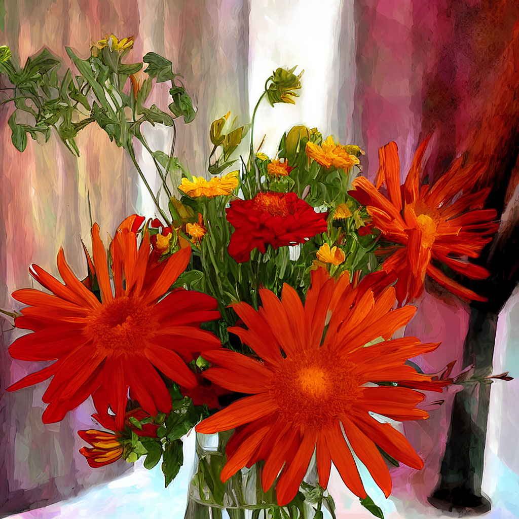 Colorful Digital Painting of Orange and Red Flowers in Glass Vase