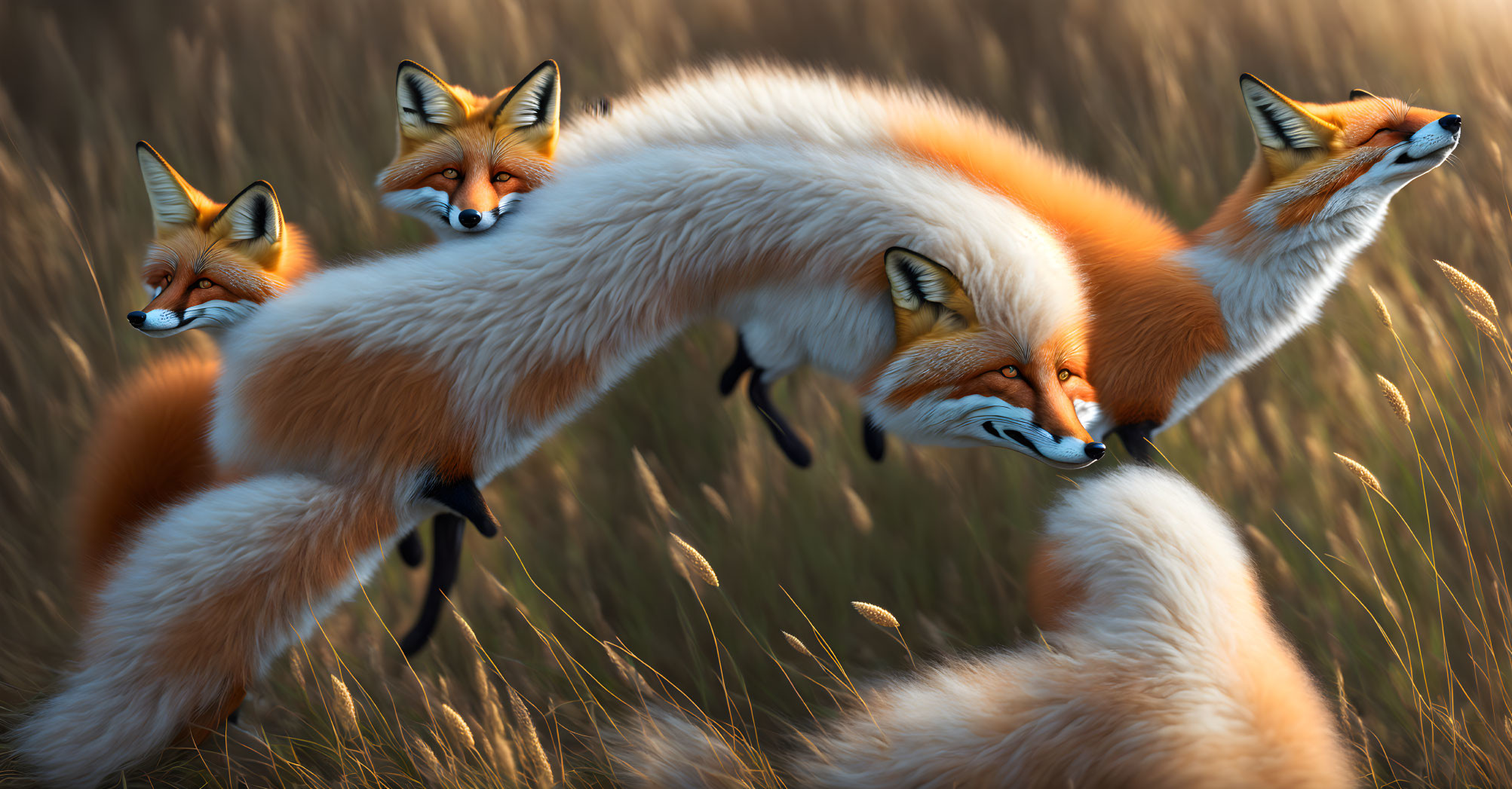 Stylized foxes with elongated bodies and multiple heads in golden field