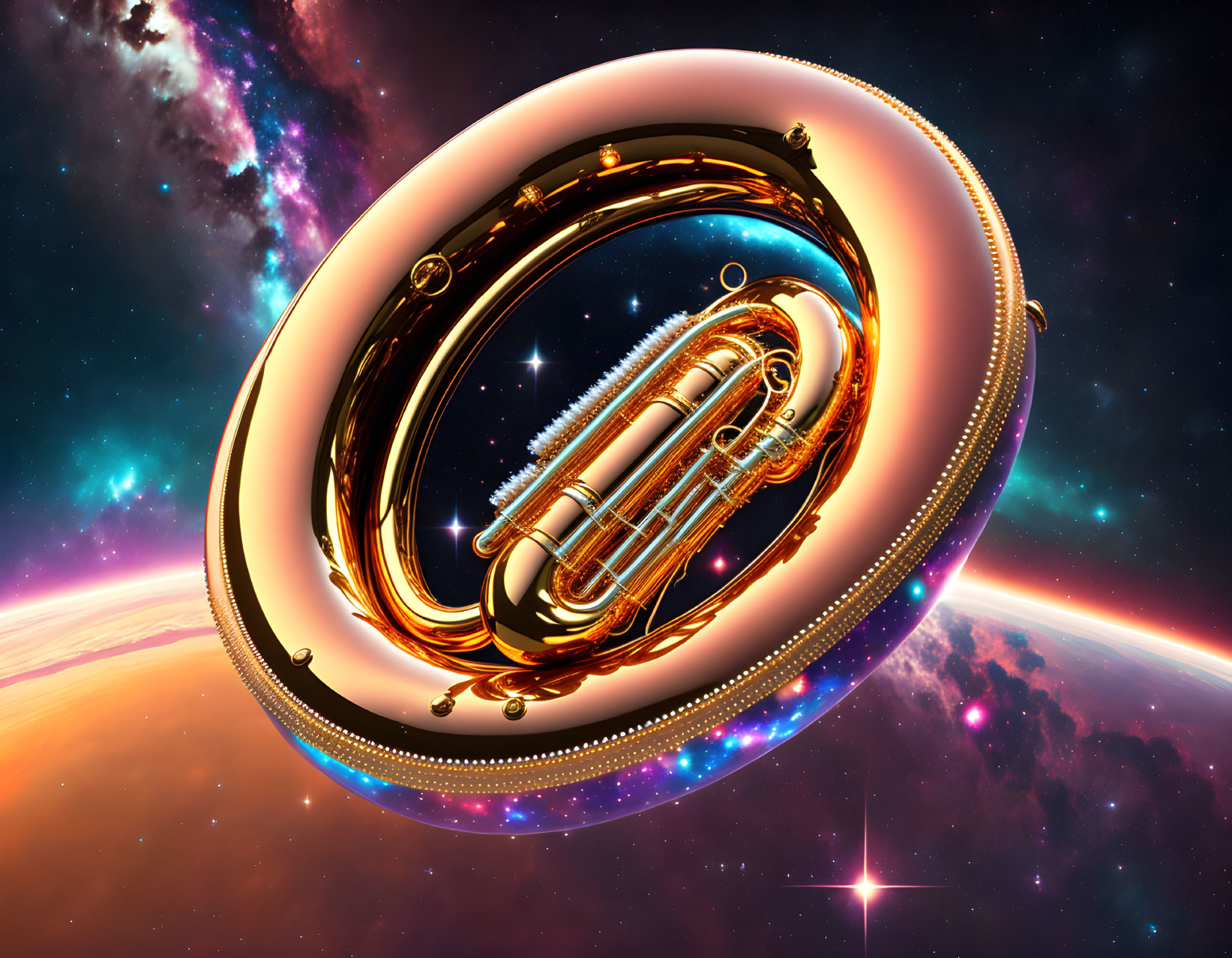 Shiny golden tuba in surreal cosmic space