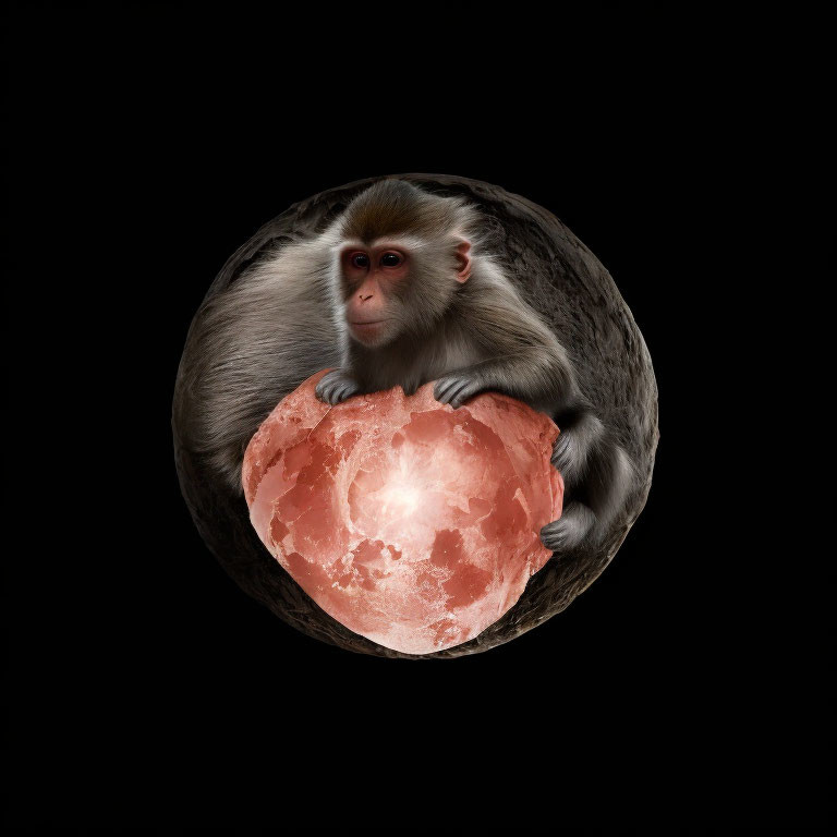 Monkey Holding Glowing Heart Shape in Darkness