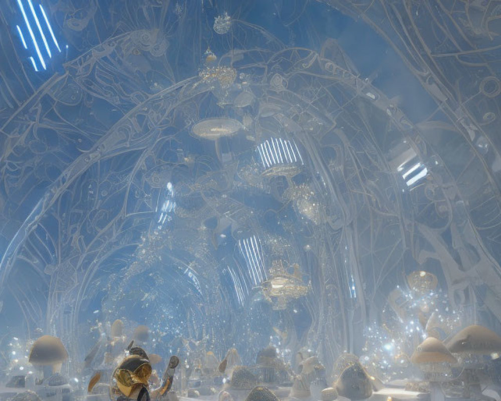 Astronaut in surreal indoor space with glowing mushrooms