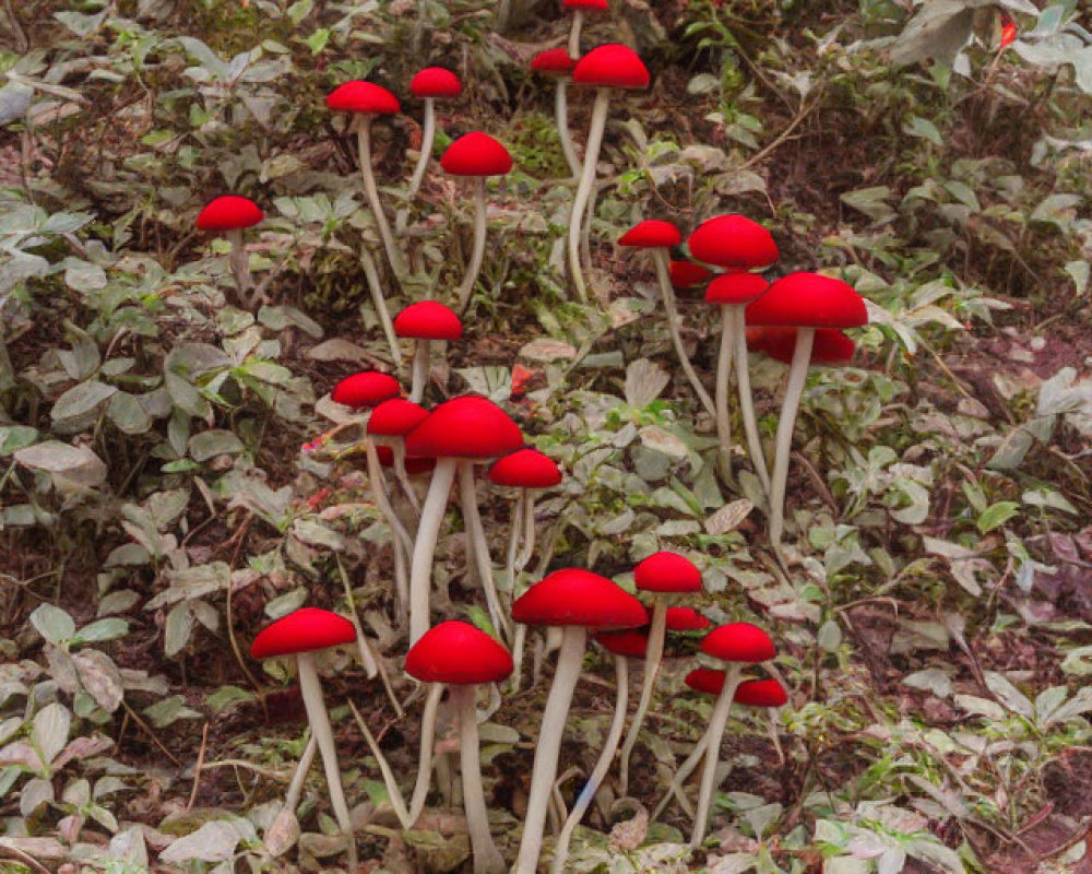 Vibrant red-capped mushrooms in forest setting.