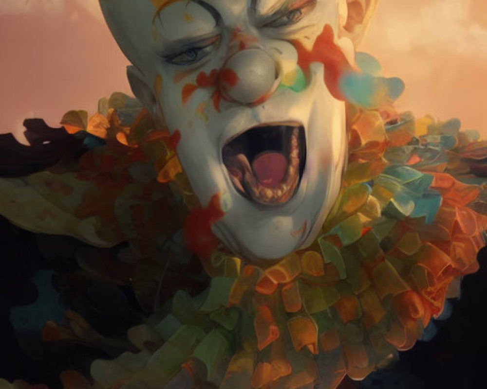 Menacing clown with toothy grin and orange hat in surreal sky