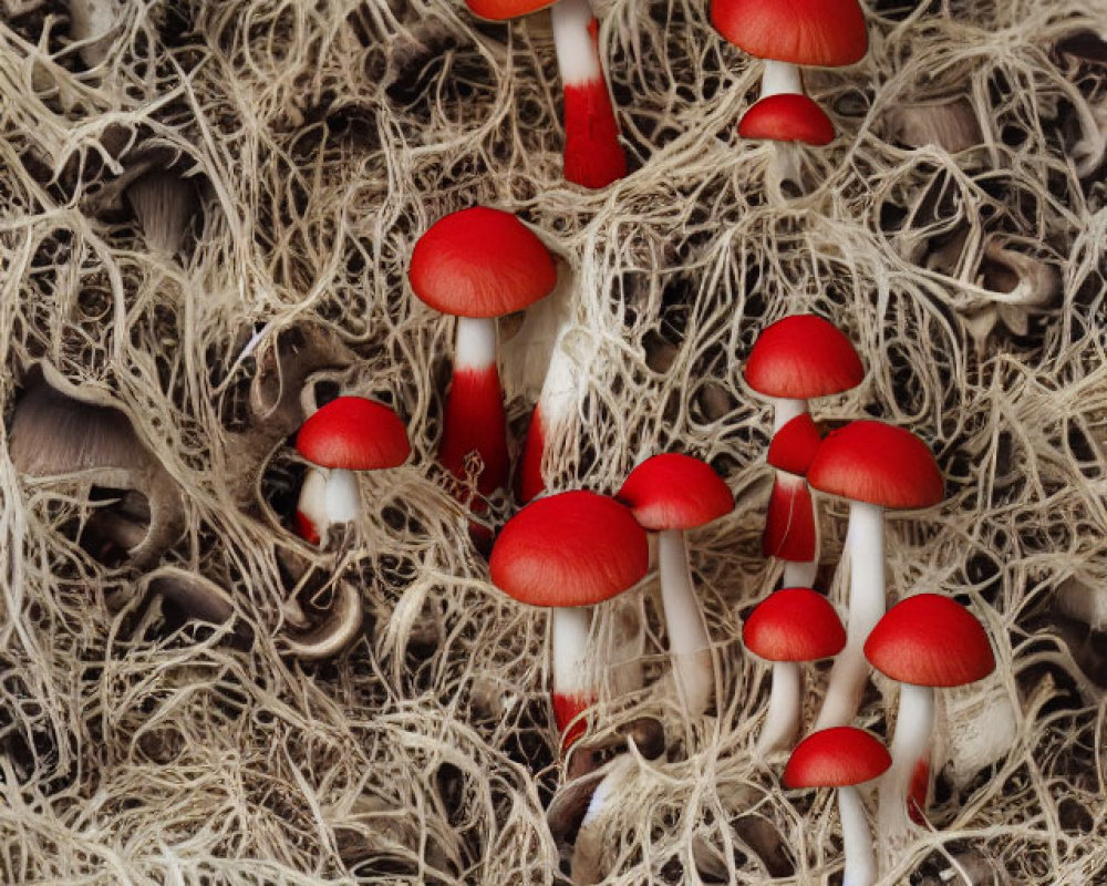 Bright red mushrooms with white stems in tangled pale roots