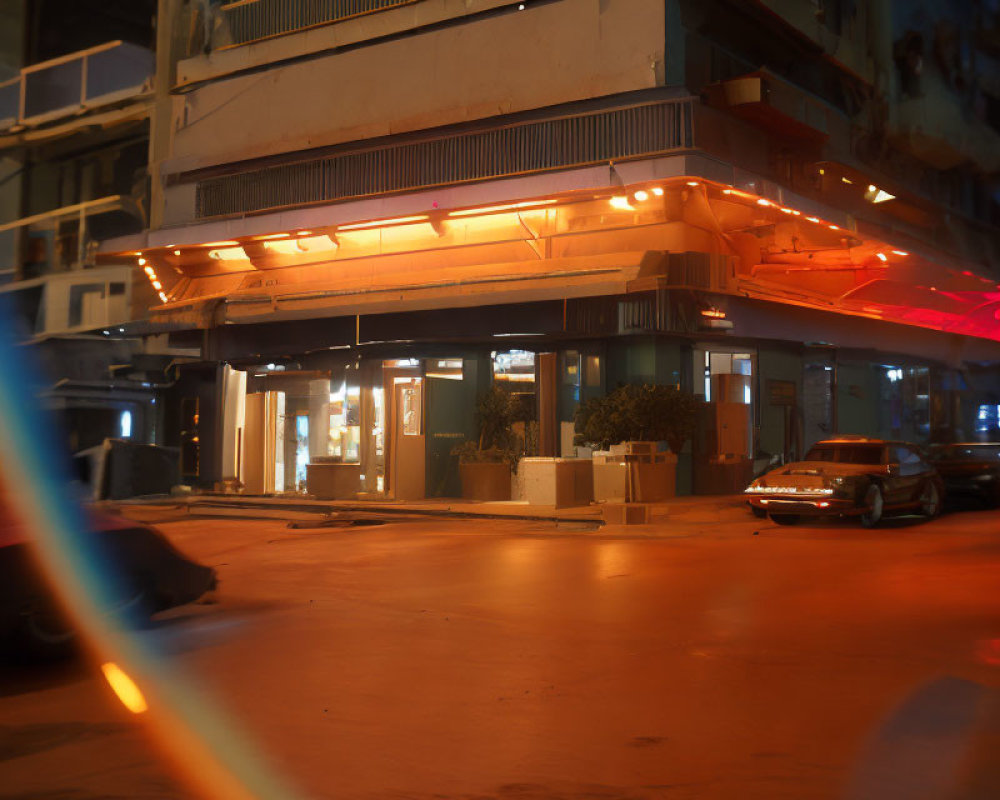 Night scene with warm lighting, car, and light streak under building overhang