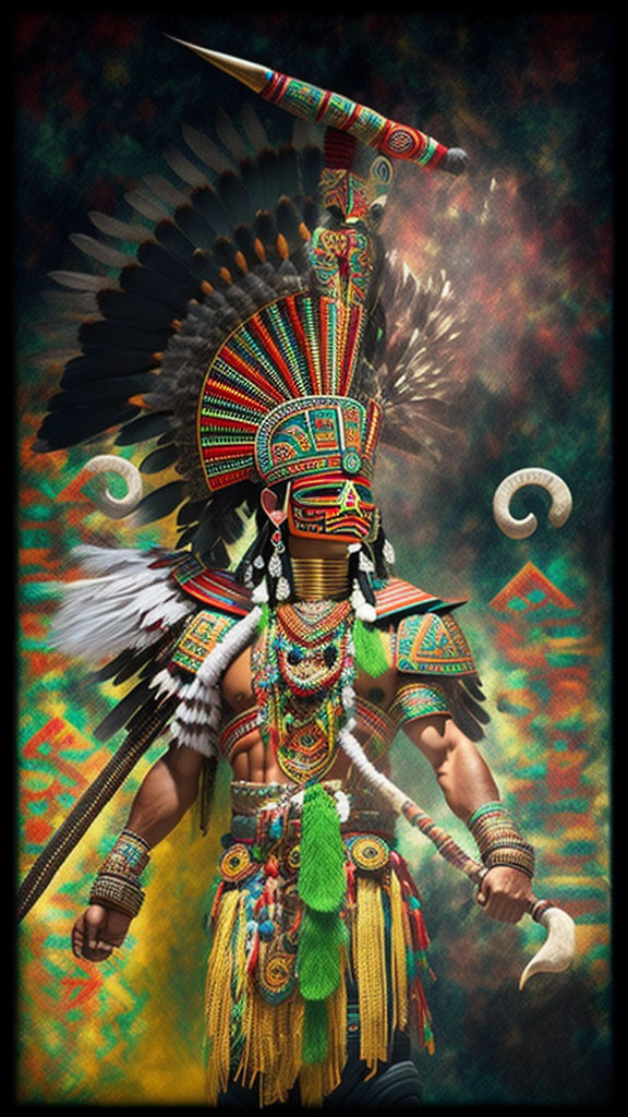 Colorful Aztec warrior in traditional attire and headdress wielding weapons