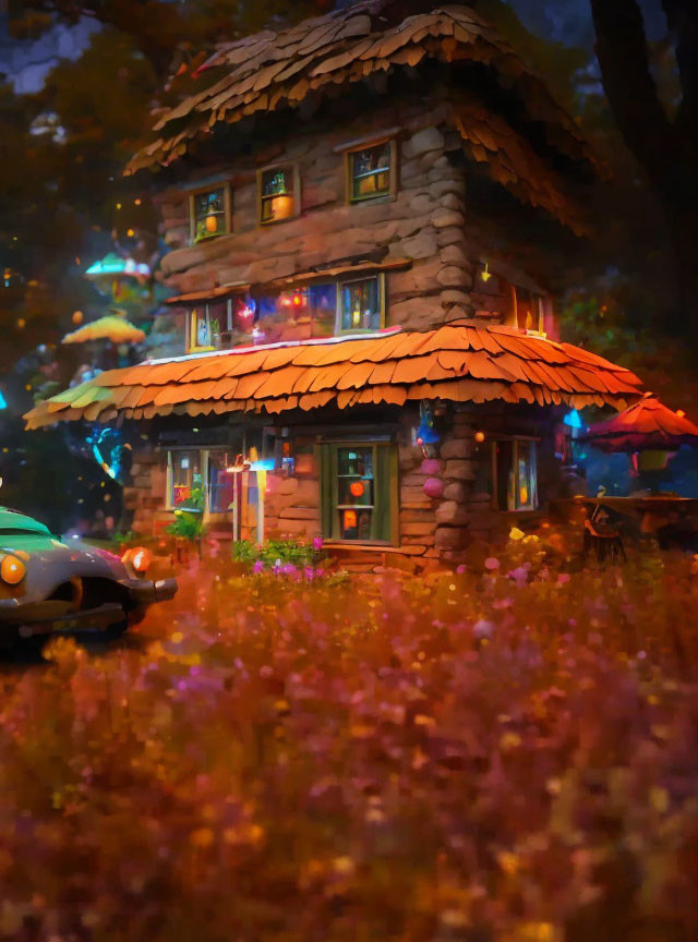 Stone cottage with colorful lights in forest with classic car and purple flowers