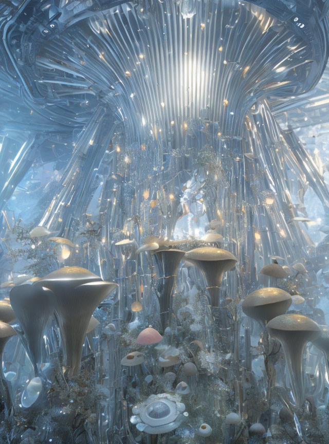 Luminous underground scene with towering mushroom structures and glowing plant life