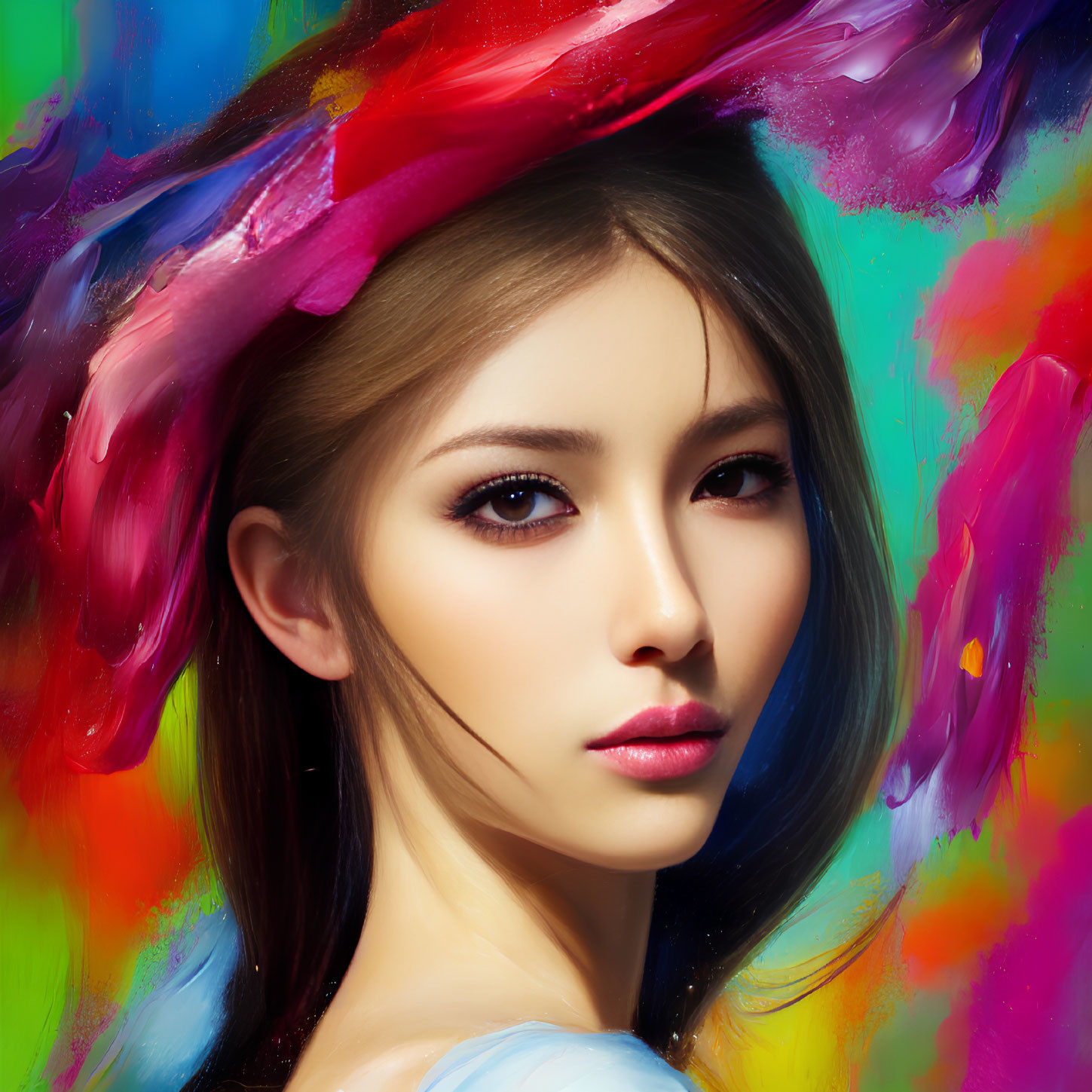 Vibrant abstract digital artwork of a woman with striking eyes