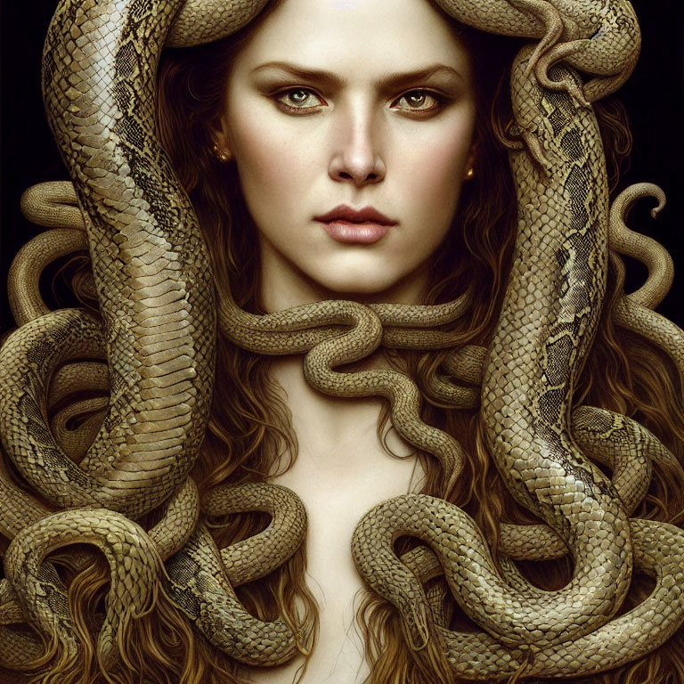 Intense Woman with Snakes in Mythical Scene