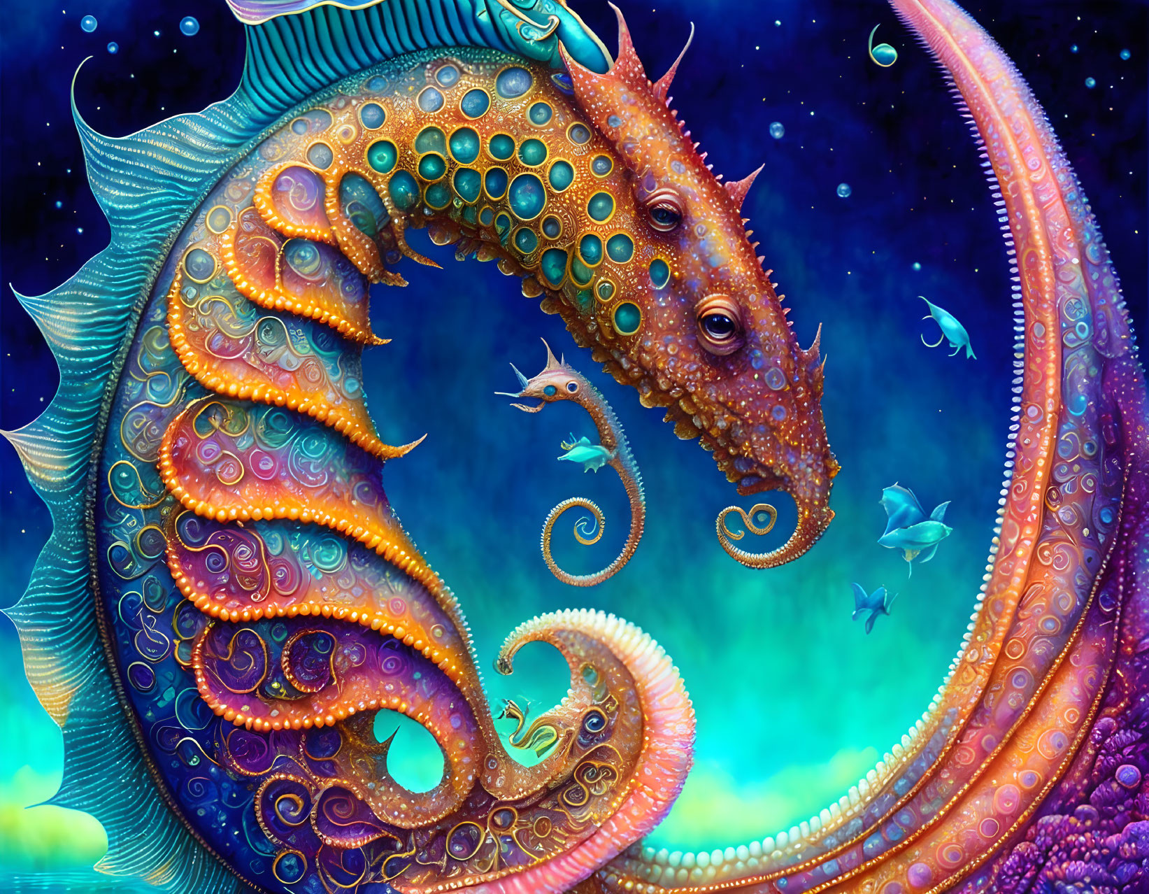 Colorful Digital Art: Fantastical Sea Dragon in Vibrant Underwater Scene