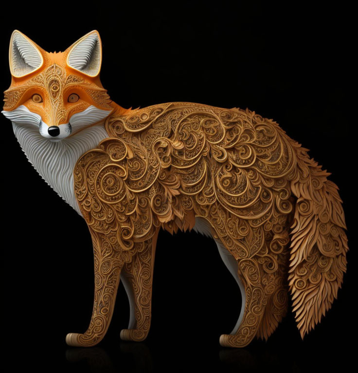 Intricate golden fox art on dark background