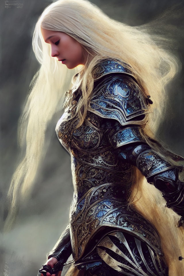 Blonde woman in ornate armor against dark forest landscape