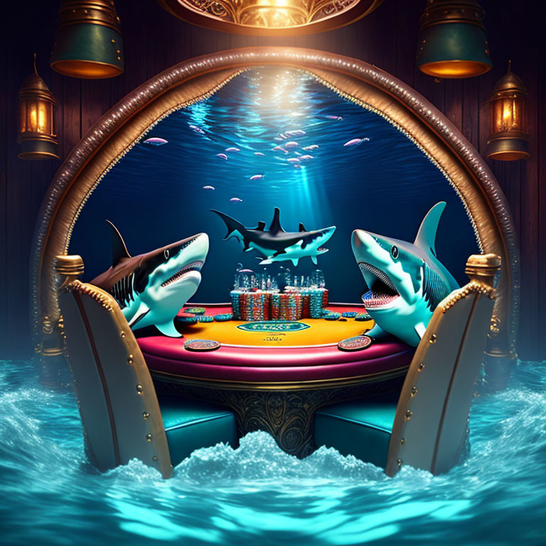 Surreal illustration of sharks at poker table in submerged room