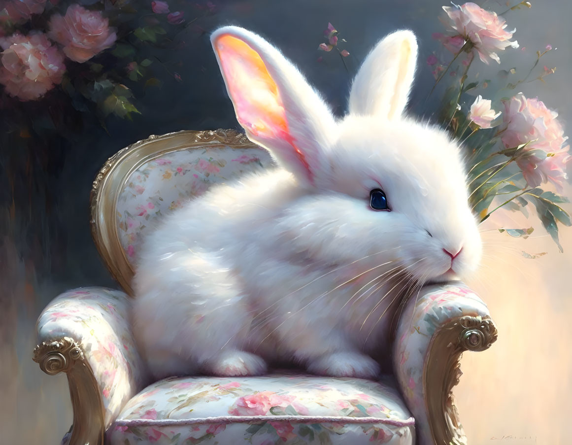 White Rabbit on Floral Chair in Soft Light with Pink Roses