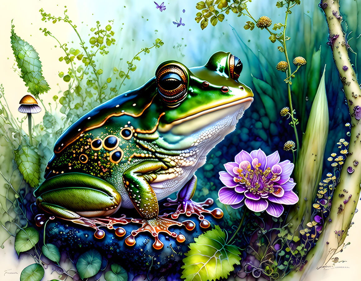 Colorful Frog Illustration Among Lush Greenery and Flowers