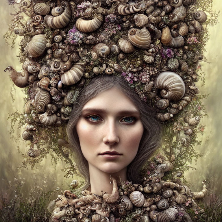 Woman portrait with snail headdress and pink flowers: mystical and earthy vibe