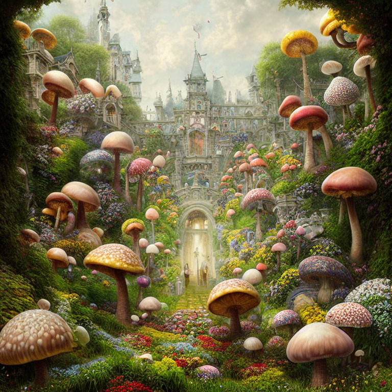 Mystical Castle and Colorful Mushrooms in Fantasy Landscape