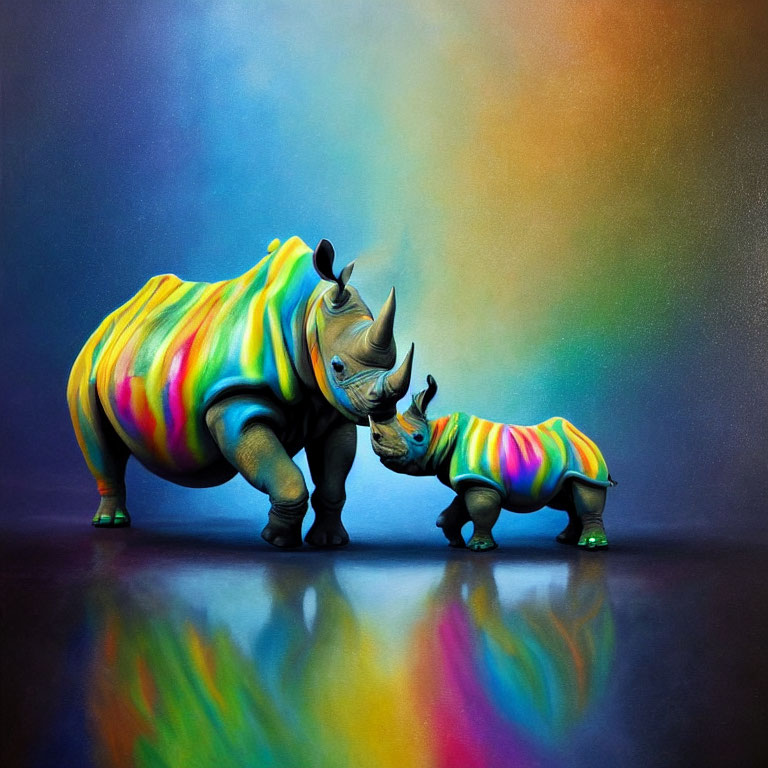 Colorful adult and baby rhinoceros in rainbow pattern against misty backdrop