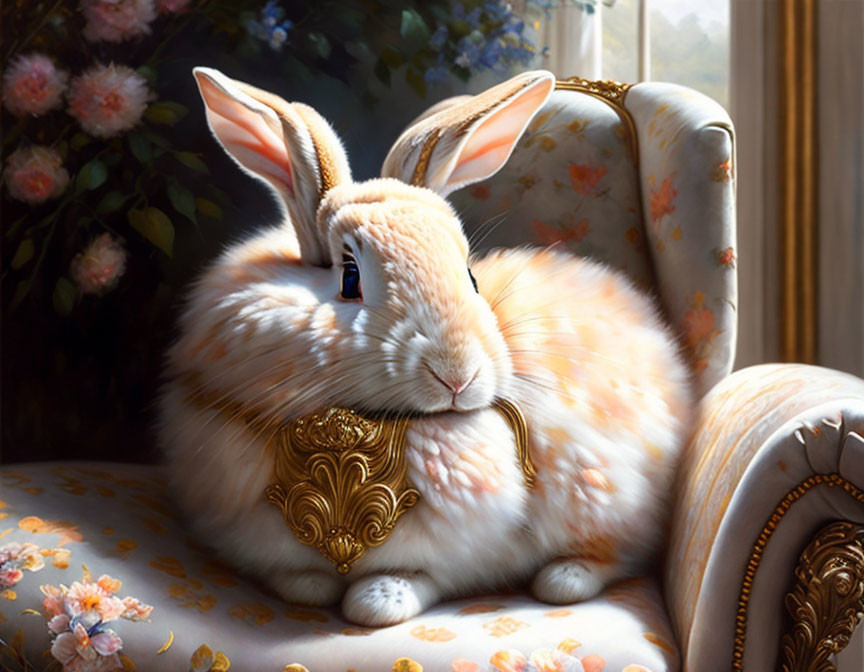 Illustrated rabbit with zipper on back on floral-patterned chair by window.