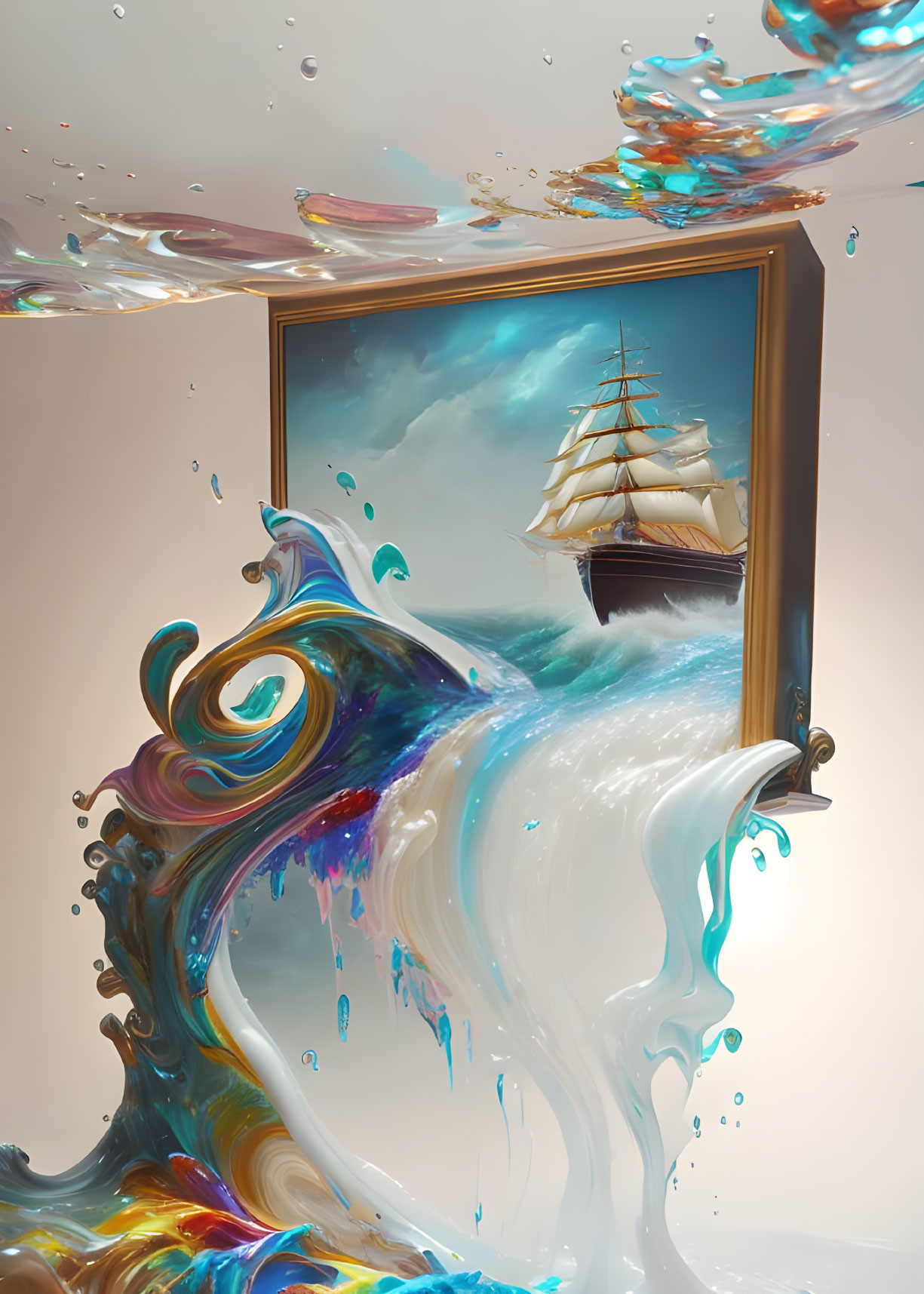 Surreal artwork: Liquid waves swirl around ship painting