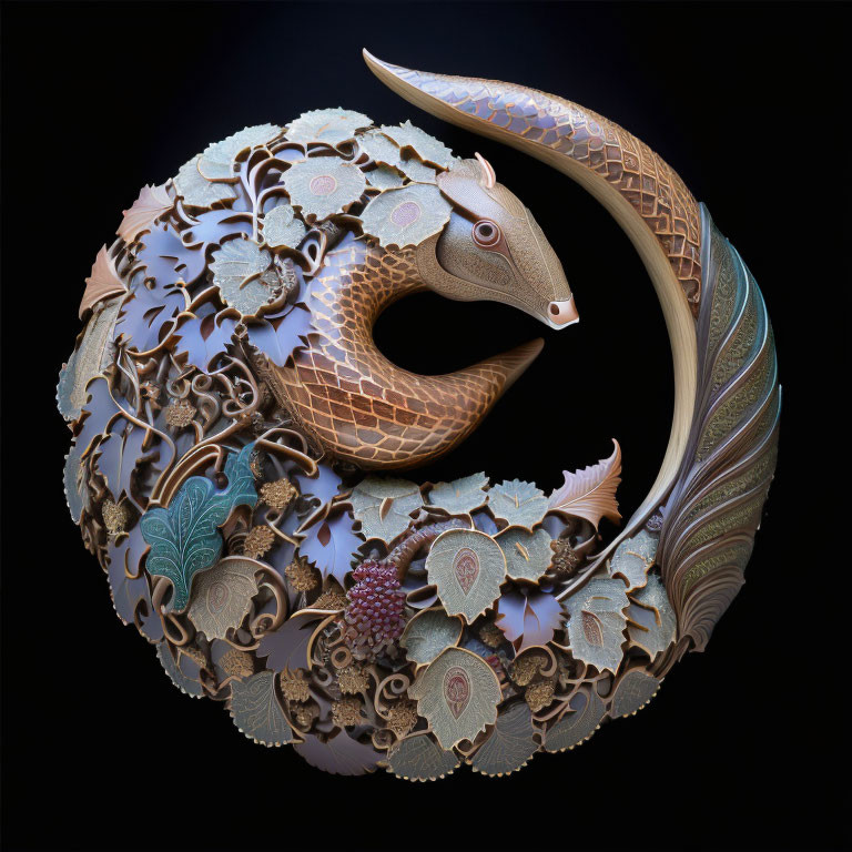 Intricate 3D-rendered ouroboros serpent with ornate textures in circle on