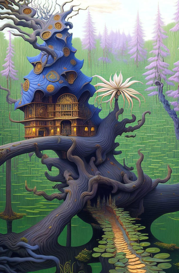 Whimsical multi-story treehouse in enchanted forest