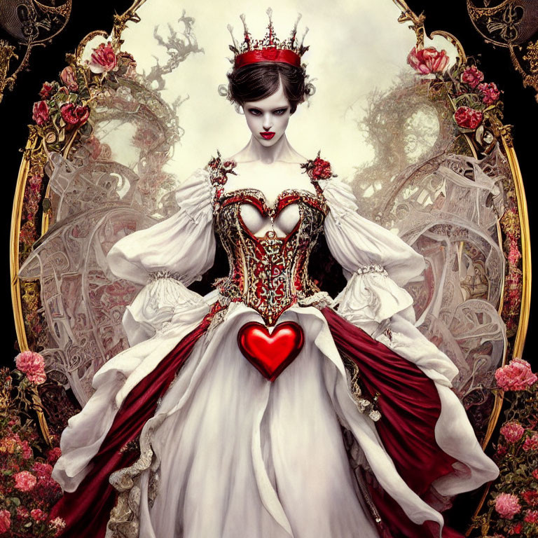 Gothic-style artwork featuring woman in white and red dress