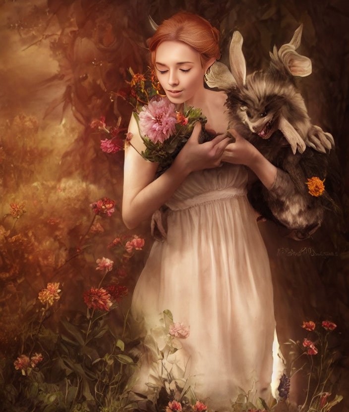 Serene woman in white dress with bouquet and mythical rabbit in floral woodland.