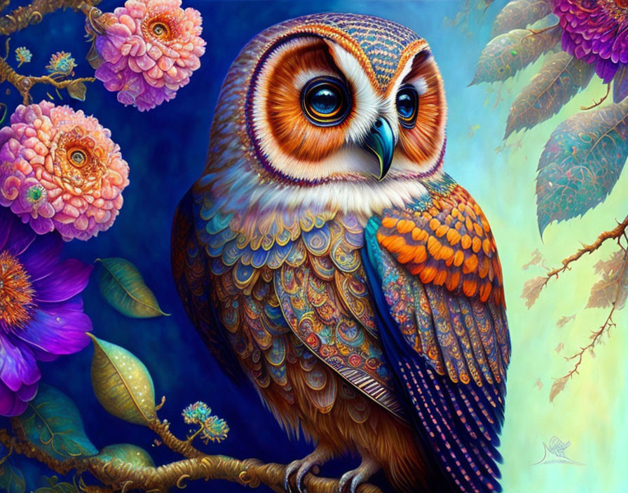 Colorful Owl Painting with Floral Background and Intricate Patterns