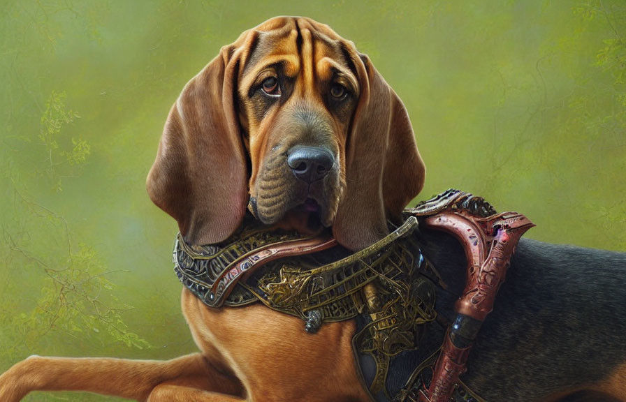 Bloodhound in medieval armor against green backdrop