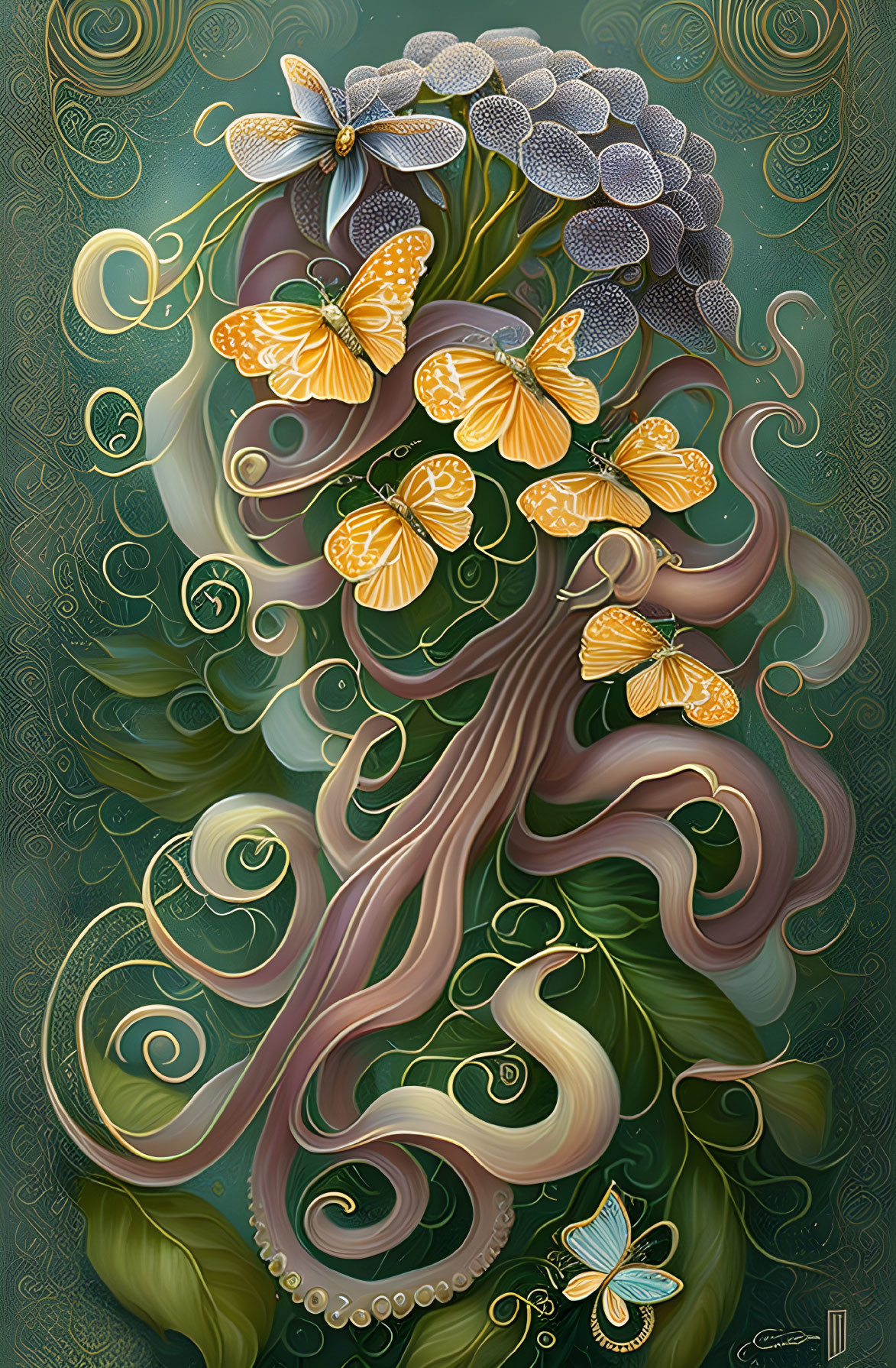 Stylized tree with purple blooms and butterflies on green background