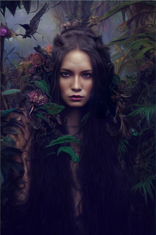 Mystical portrait of woman with dark hair, crown of branches, surrounded by foliage and raven