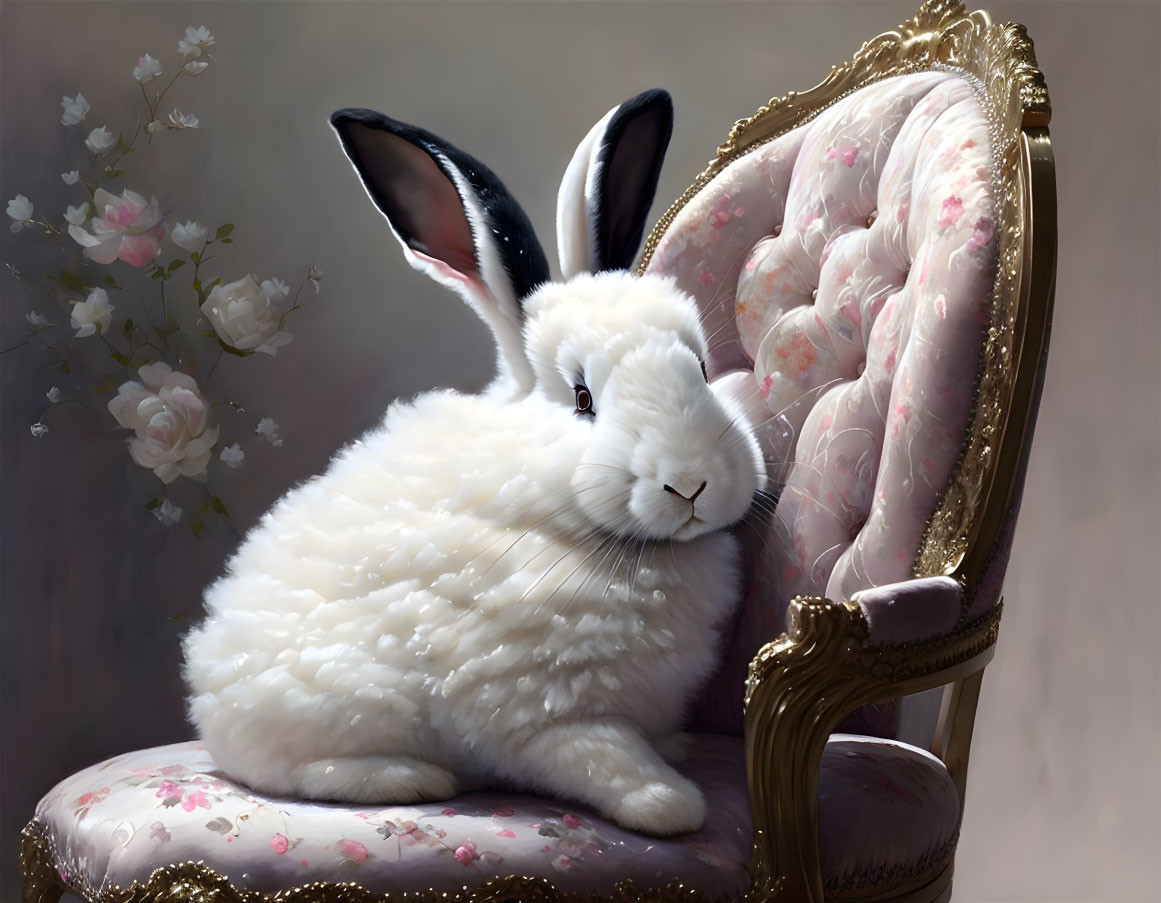 Fluffy white rabbit with black-tipped ears on ornate cushioned chair