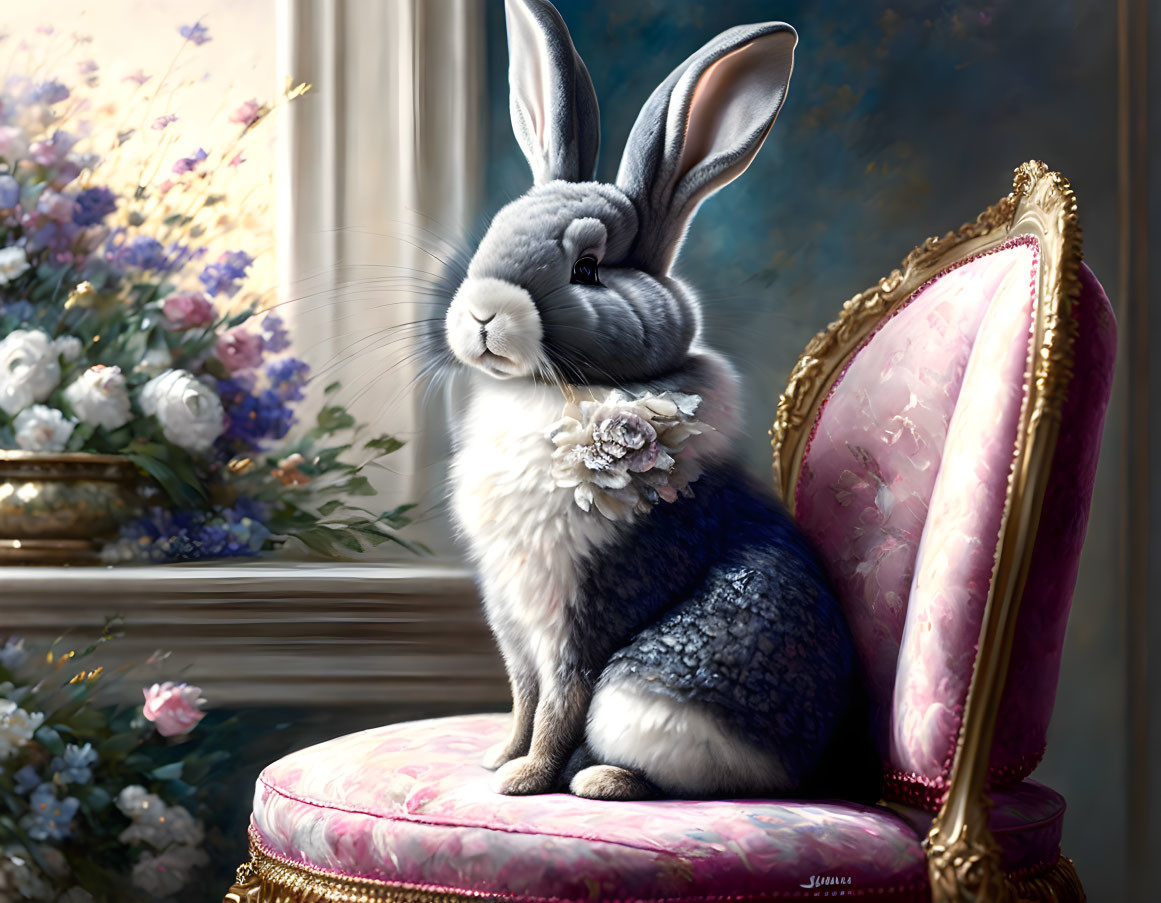 Floral-adorned rabbit sitting by window with blooming flowers