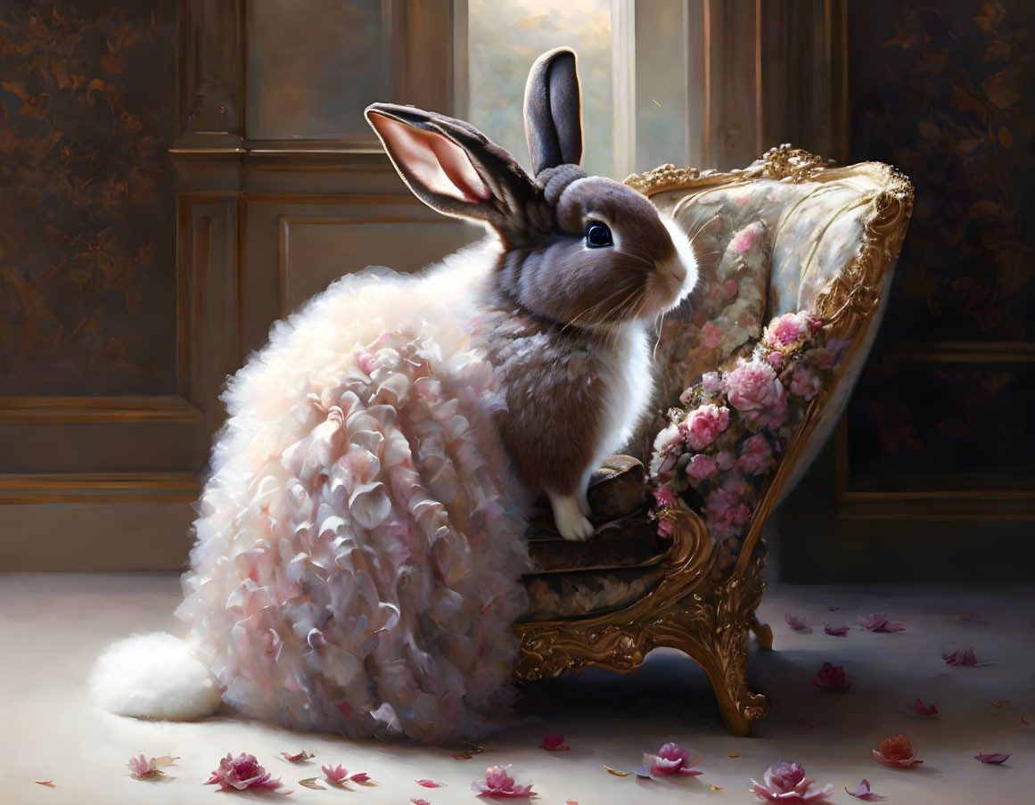 Fluffy rabbit on gold-framed chair in elegant room